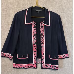 Ming Wang Knit Jacket, Women's Sz Large Pink Black Career Open Front 3/4 Sleeve